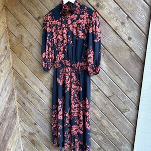 Nanette Lepore Size 6 Navy Floral Long Sleeve High Neck High Low Smocked Dress